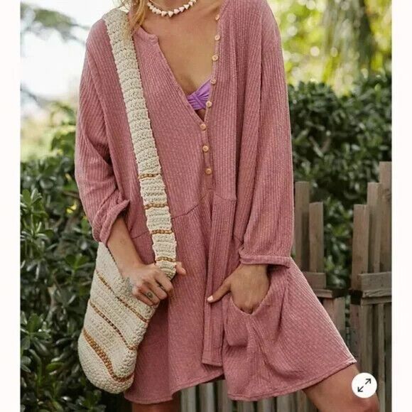 Free People Dresses & Skirts - Free People Beach Blossom Button Up Mini Dress Light Pink Sz S Casual Loungewear